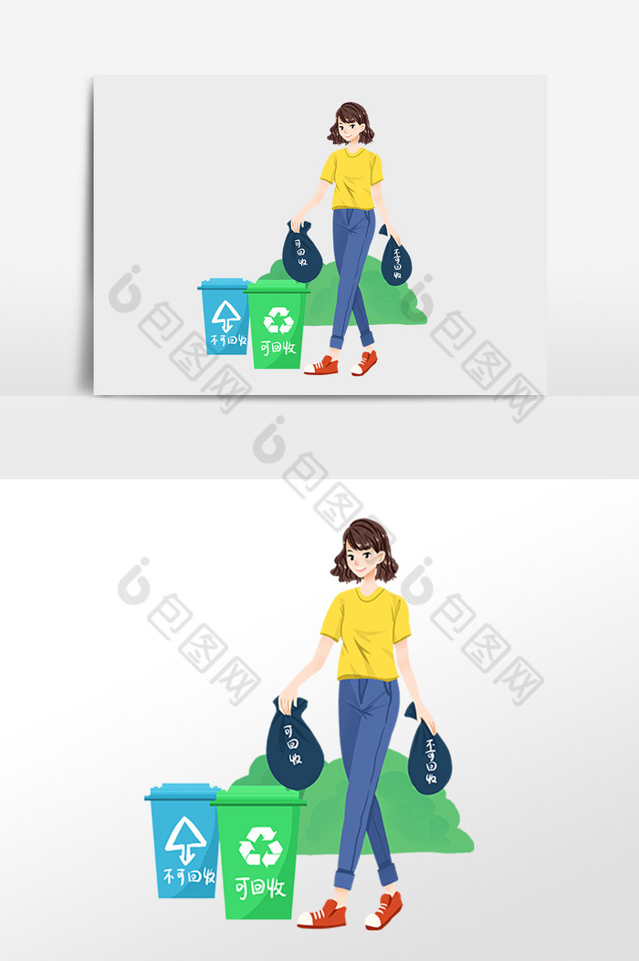 女孩扔垃圾垃圾分类插画图片