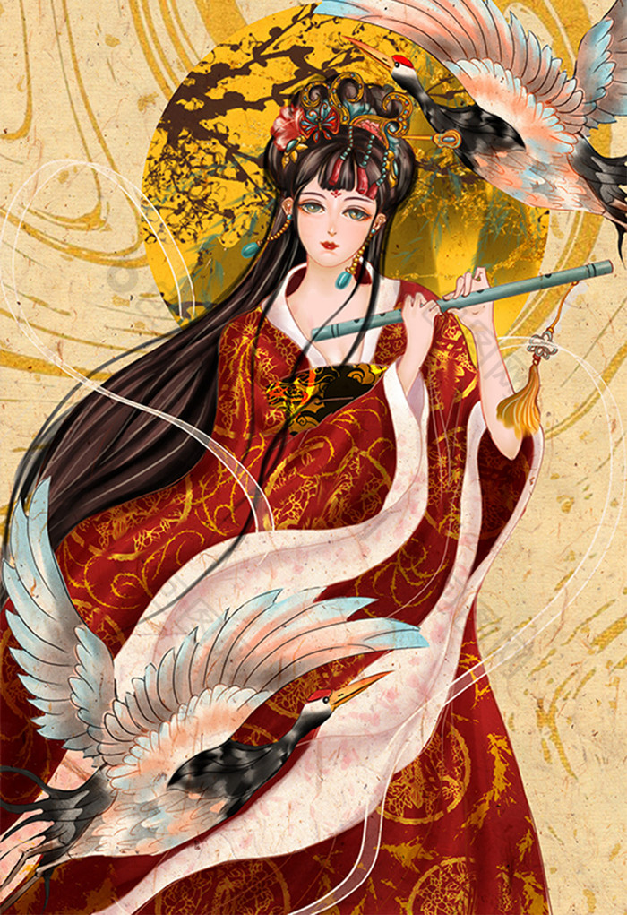 中国风仙鹤月亮笛子流光汉服仙女武侠图片