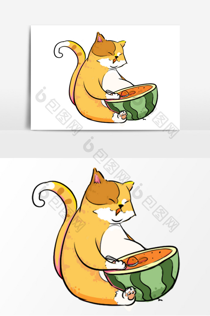 手绘吃西瓜的猫咪卡通