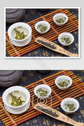 白色茶具摆盘竹排茶叶竹铲图片