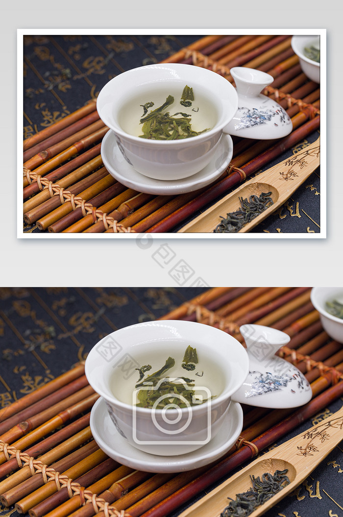 横版白色茶杯茶盖竹排图片图片