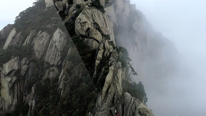 航拍俯瞰水墨黄山云海苍山大树