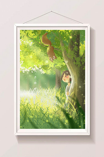 唯美森林松鼠女孩插画图片