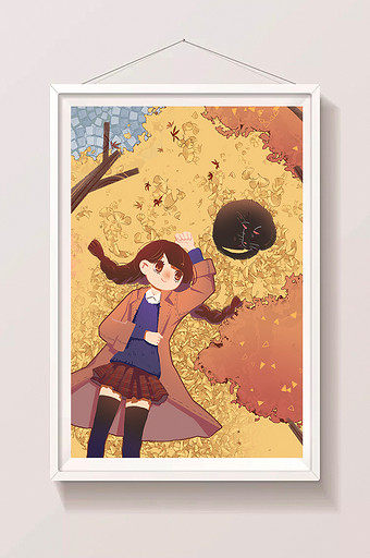 卡通扁平立秋节气枯黄落叶树枝少女插画图片