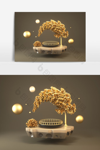 C4D金属小清新金色树木装饰物简约装饰台图片