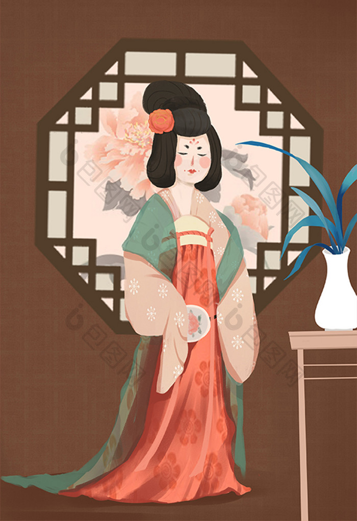中国风古风古代美女少女复古人物卡通插画