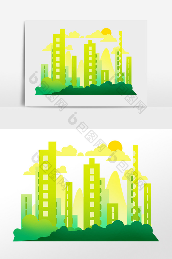 手绘绿色环保城市建筑插画