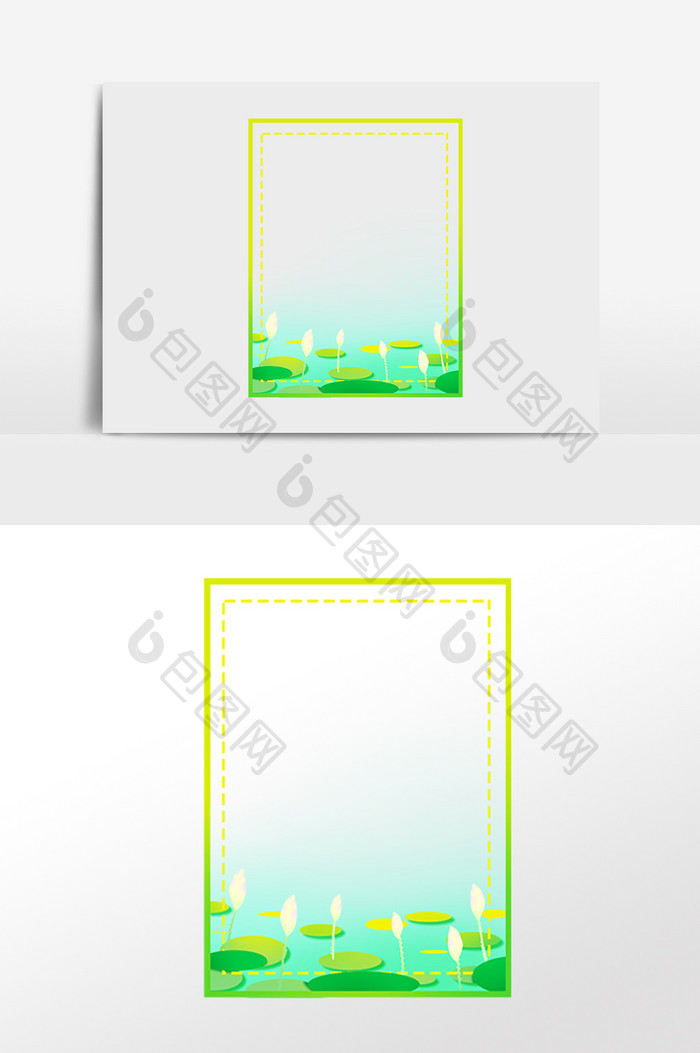 手绘绿色小清新植物荷花边框插画