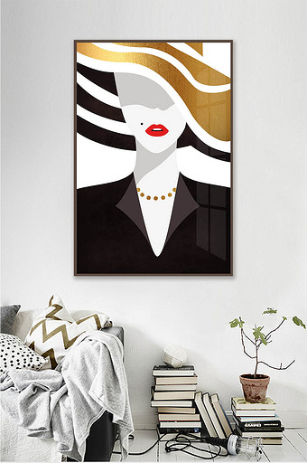 现代时尚简约抽象艺术美女黑金色客厅装饰画图片