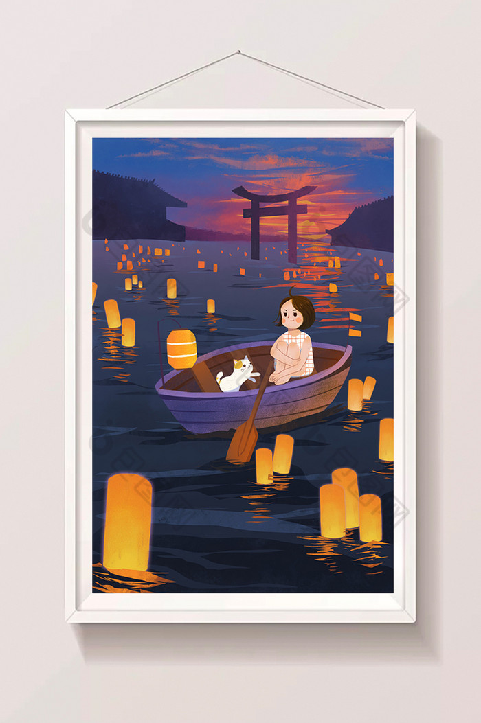 中元节祭祀划船放河灯插画图片图片