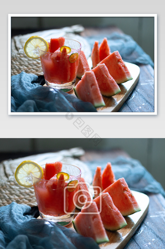 日系夏天光影柠檬西瓜水摄影图片