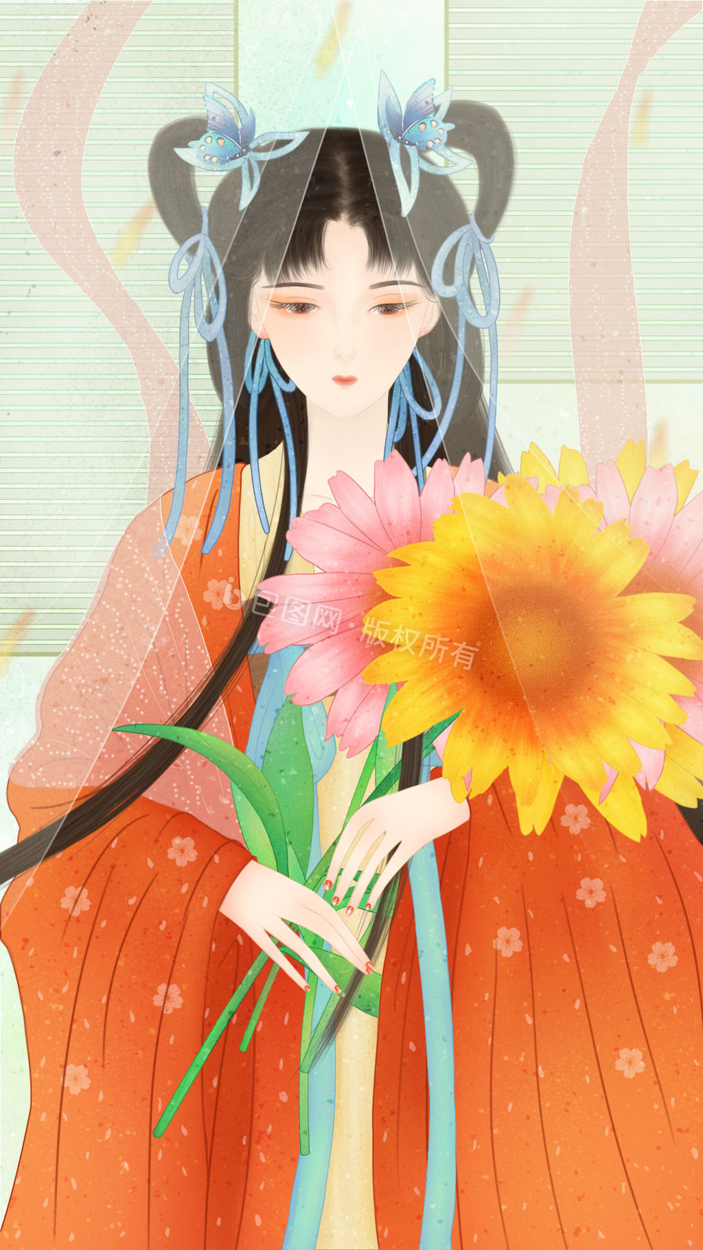 古风女孩与松果菊gif动图