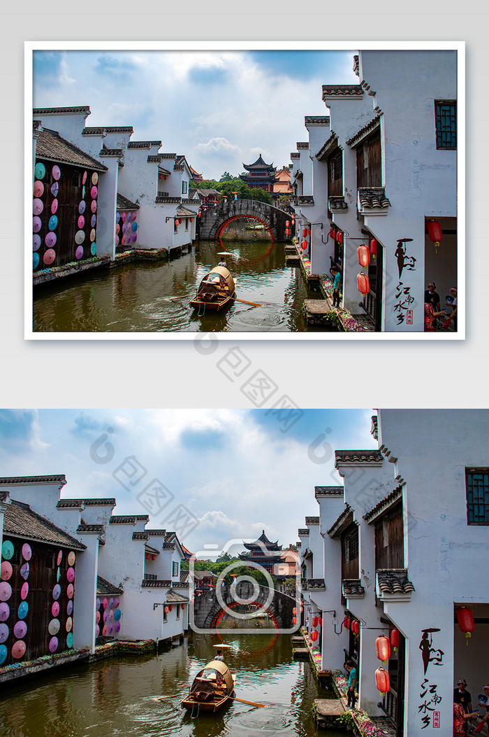 江南水乡小桥流水白色房子摄影图