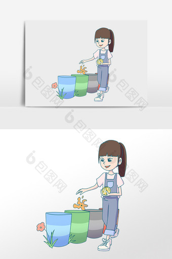 手绘卫生环保垃圾扔垃圾女孩插画图片