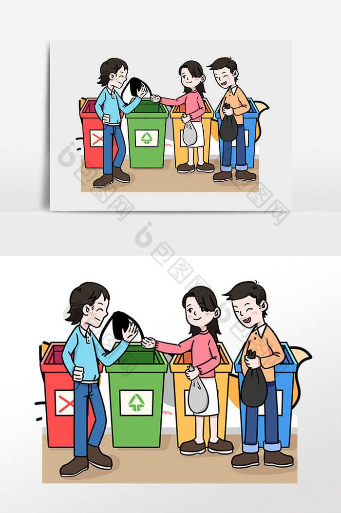 手绘环保垃圾扔垃圾人物插画图片