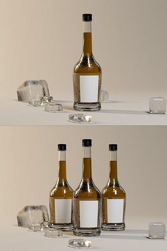 C4D产品玻璃酒瓶包装样机（OC）图片