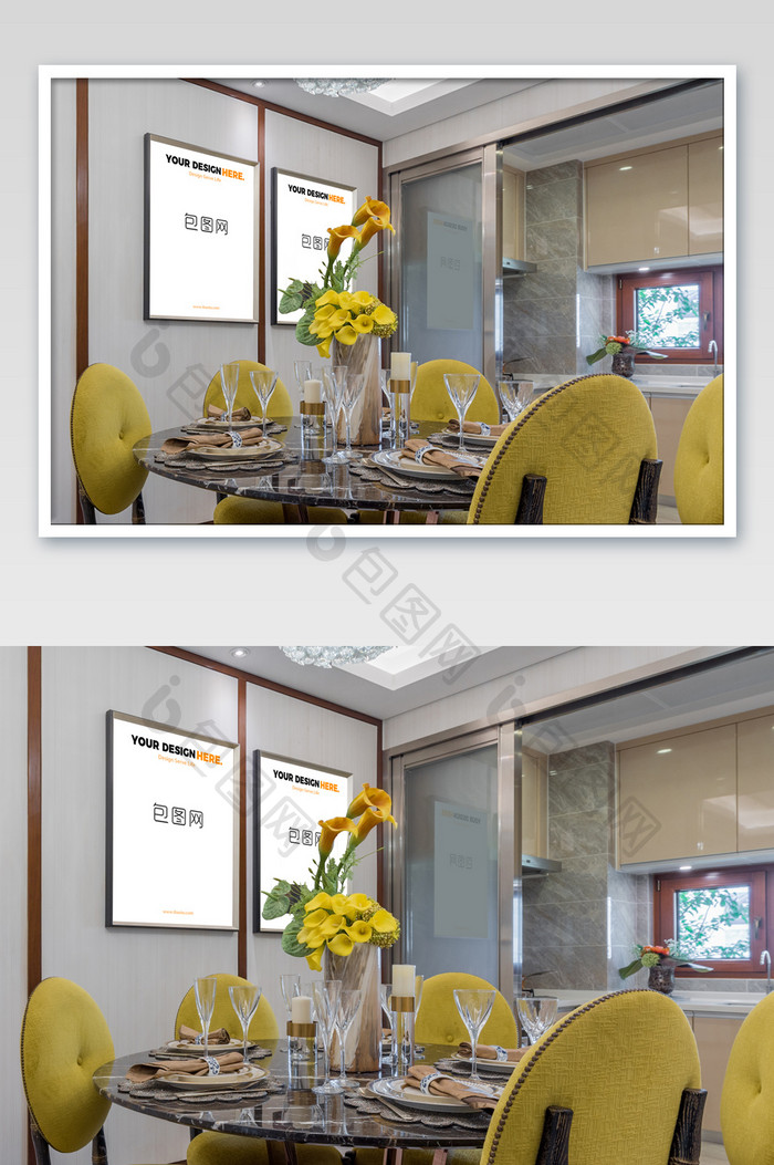 大气优雅中式餐厅金框挂画墙画壁画海报样机