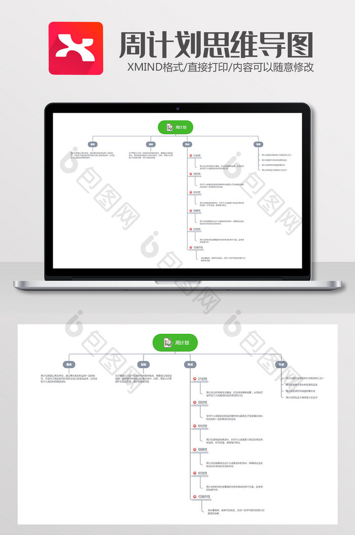 白色极简简约周计划思维导图xmind模板