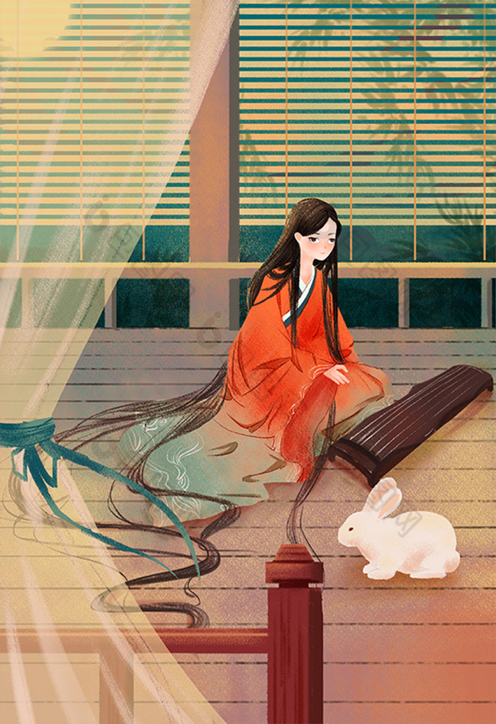 中国风中秋节弹古筝月亮兔子插画图片