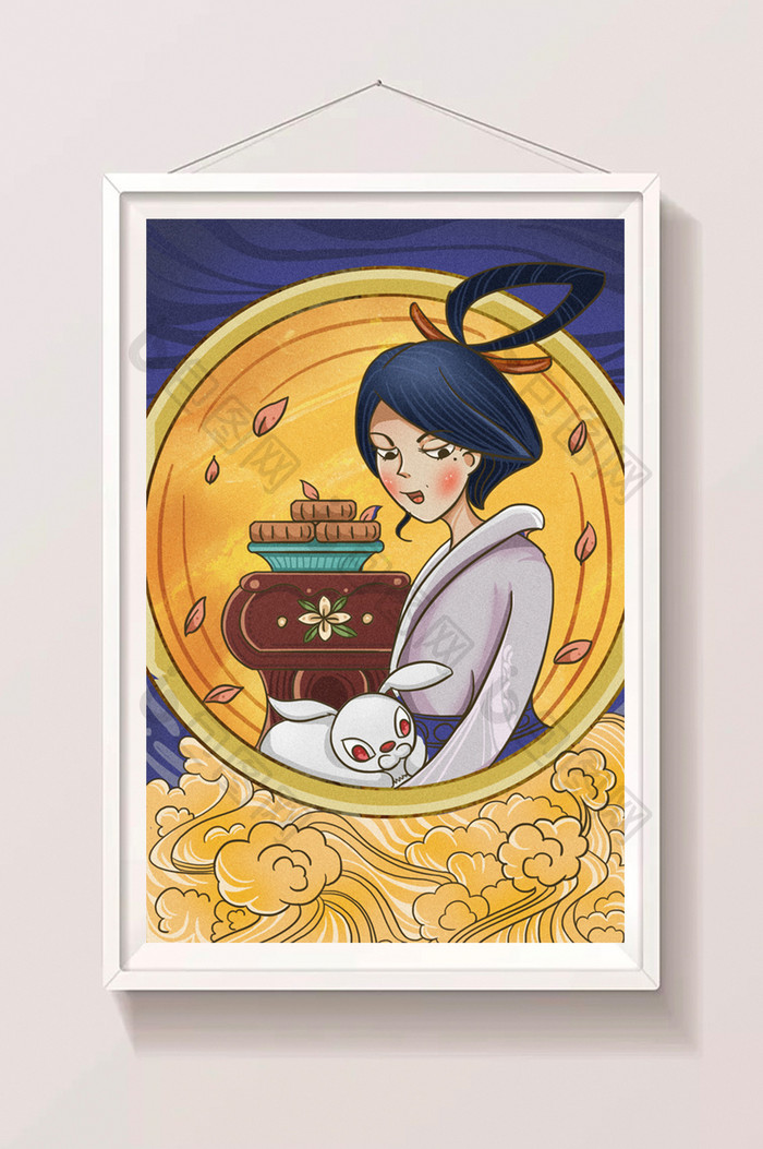 中国风传统节日中秋节嫦娥云层玉兔月饼插画