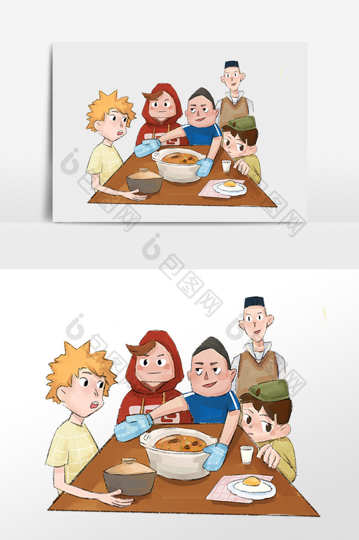 手绘幸福团圆聚餐一家人插画