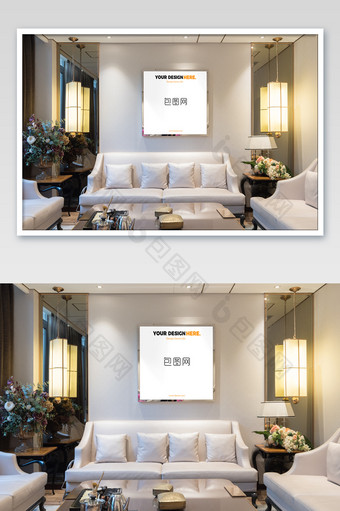高雅大气新中式客厅镜面金框挂画海报样机图片
