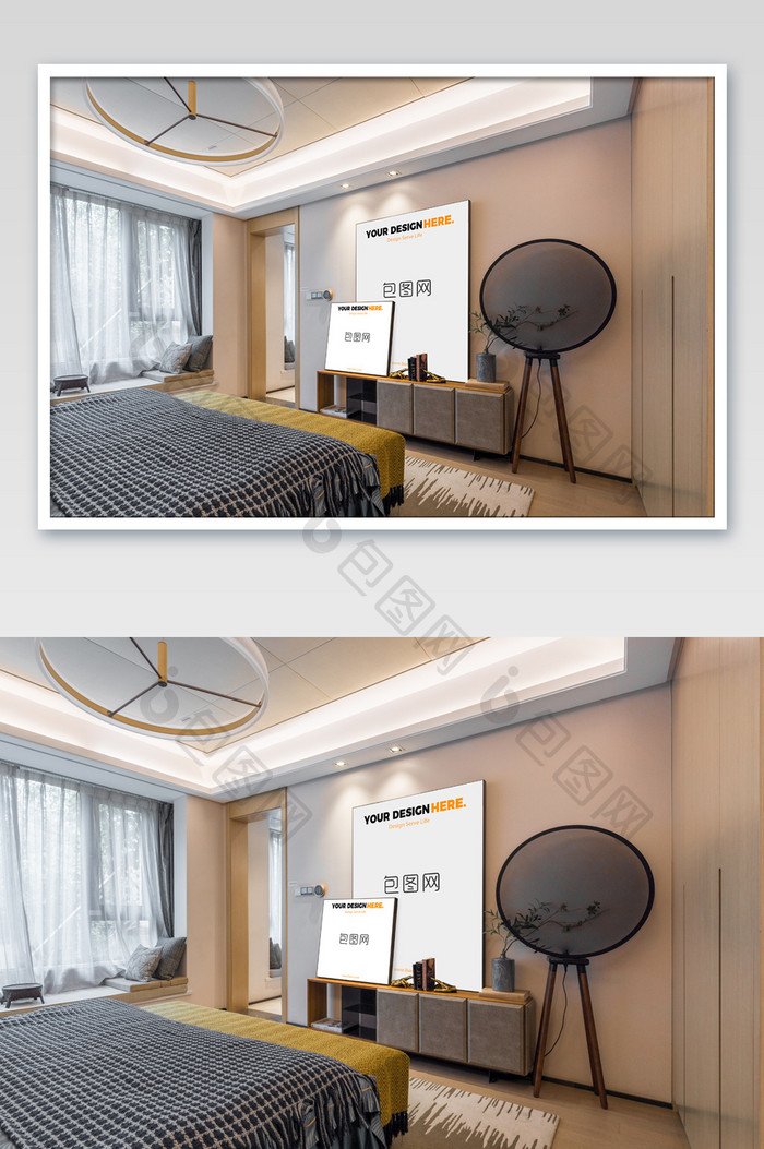 新中式优雅大气黑框挂画卧室墙画海报样机