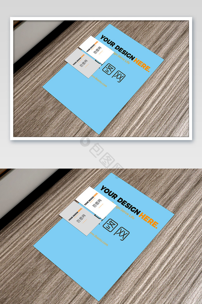 木纹桌子A3纸加名片正反面展示图片