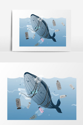 手绘卡通小清新水污染垃圾鱼