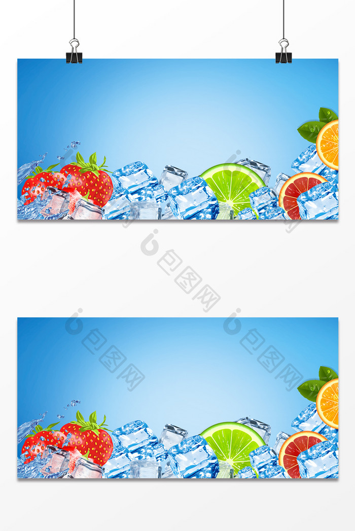 夏季蓝色清凉冰块水果促销广告背景图