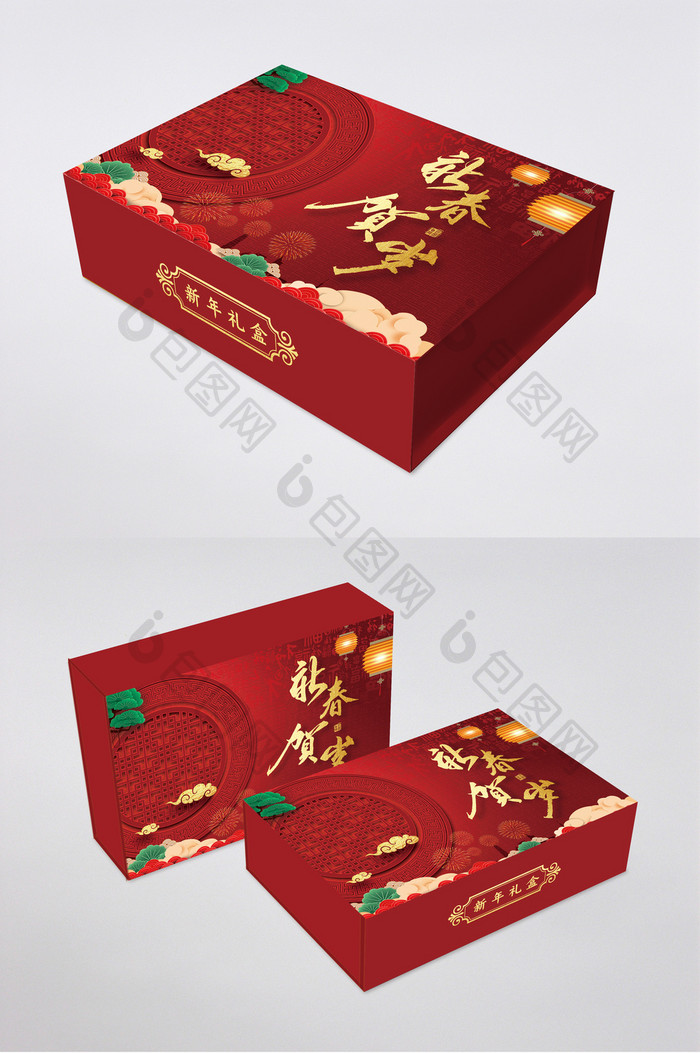 红色古风窗户新年礼盒包装设计