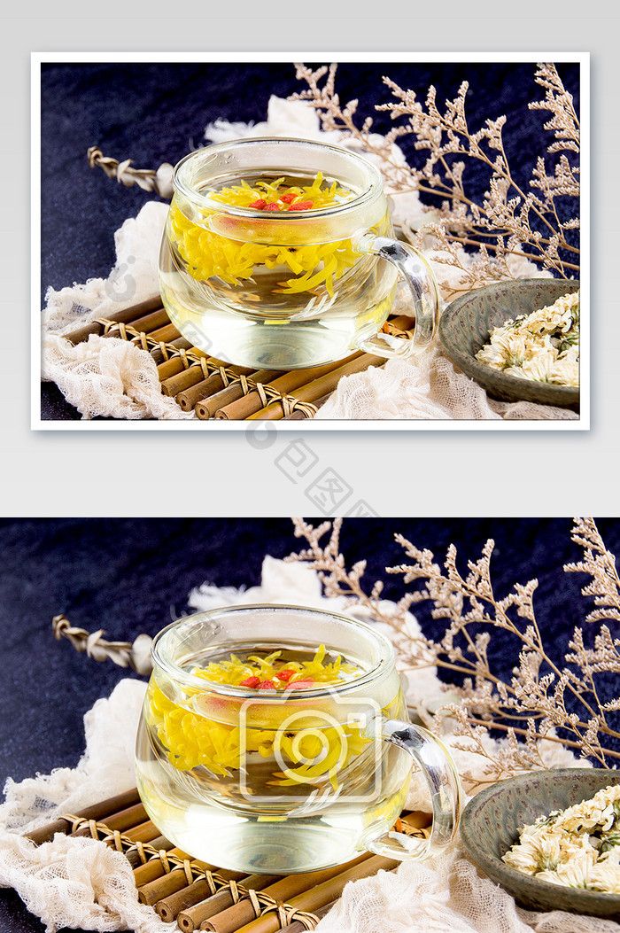 玻璃杯中冲泡的金丝皇菊摄影图片