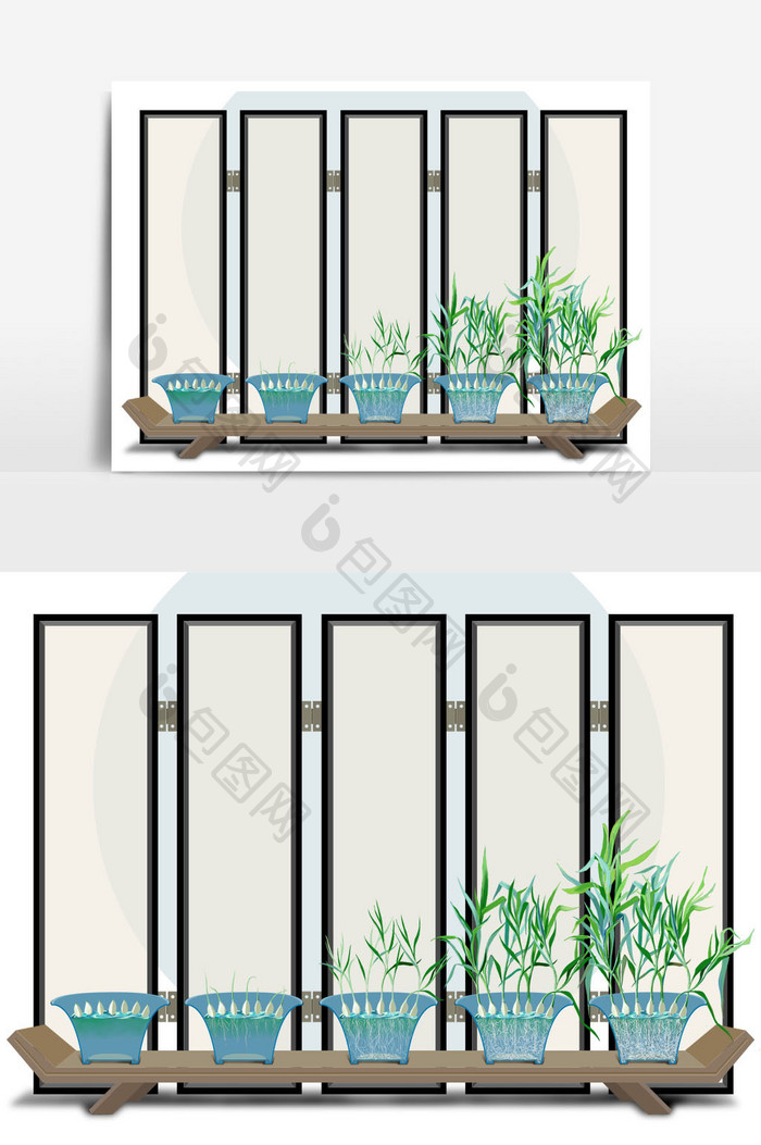 中国风手绘蒜苗盆景成长过程背景矢量图