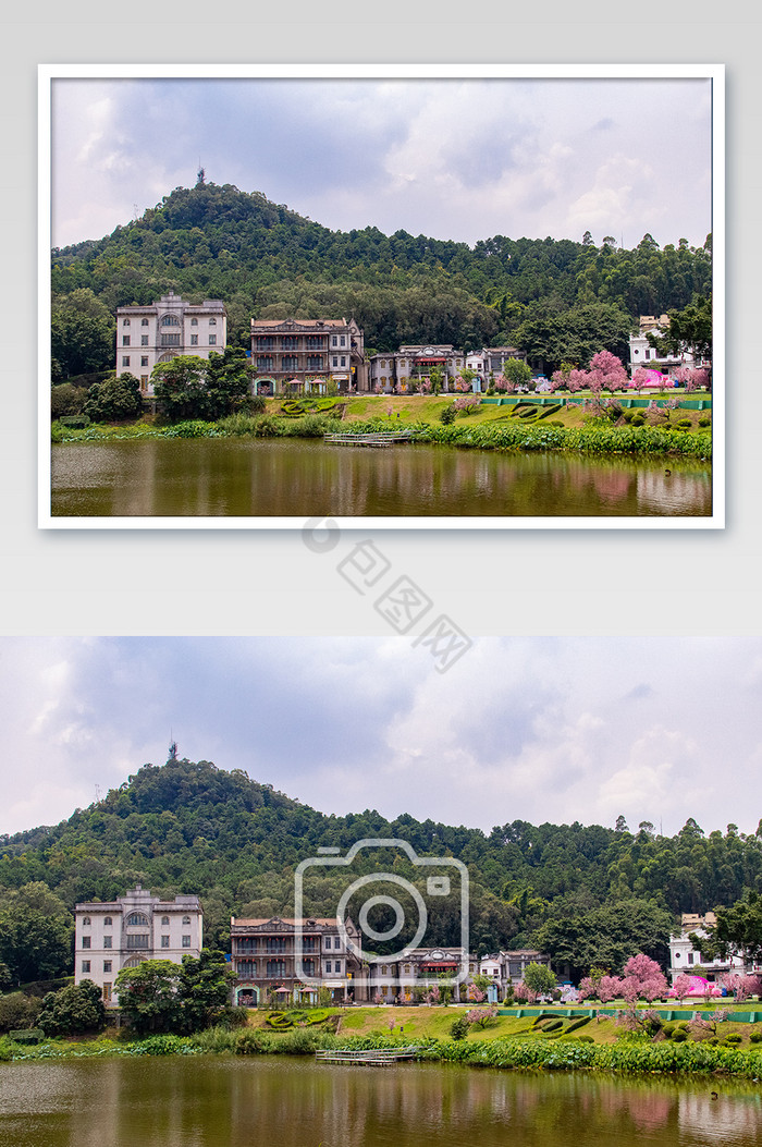 湖边依山傍水建筑群摄影图图片