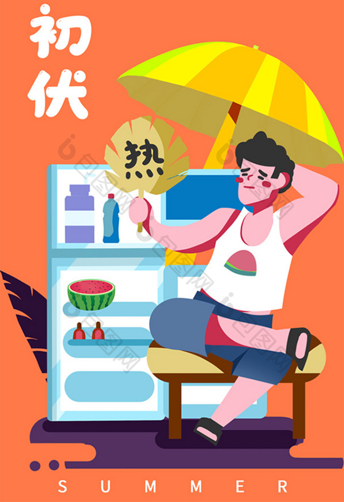 初伏夏天三伏天避暑消暑微信闪屏插画