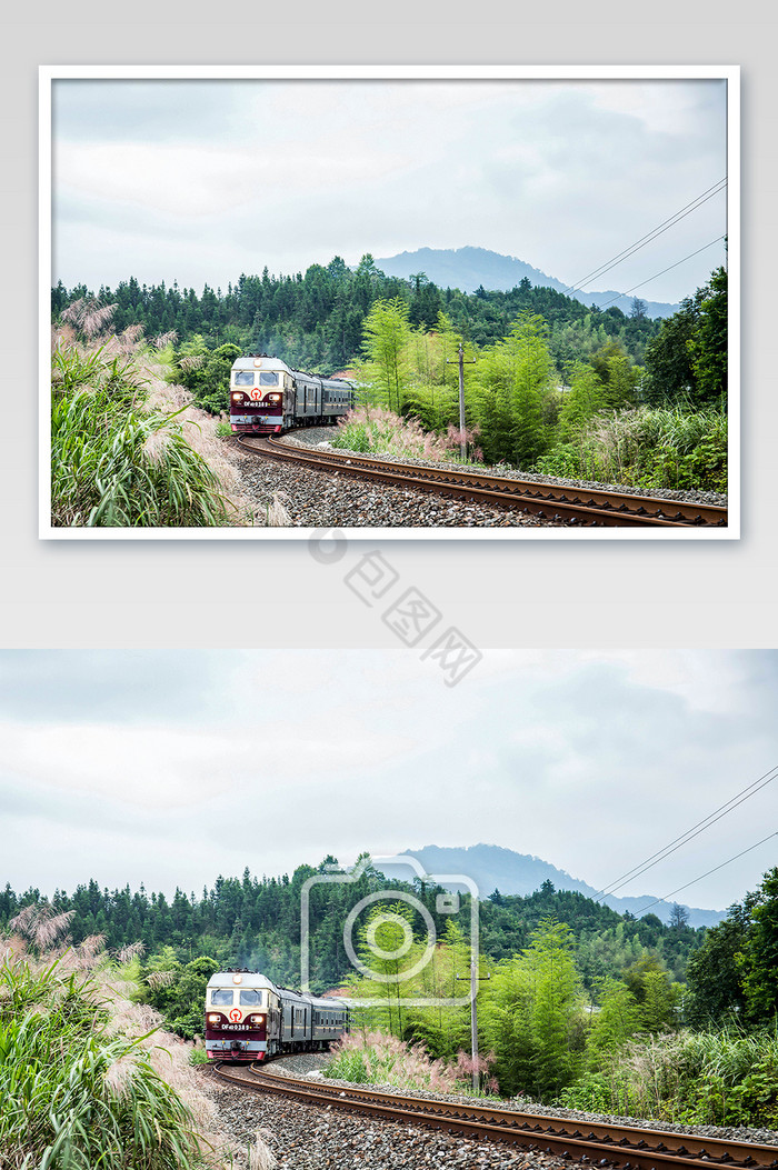 行驶在大自然中的绿皮火车摄影图图片