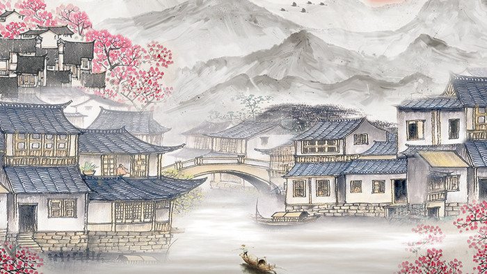 中国风彩色水墨山水动画素材背景特效视频
