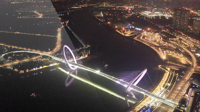 航拍南京河西地标南京眼桥梁夜景