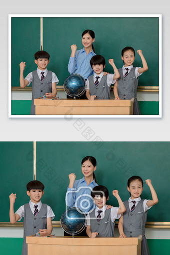 课堂里老师和同学一起举手图片