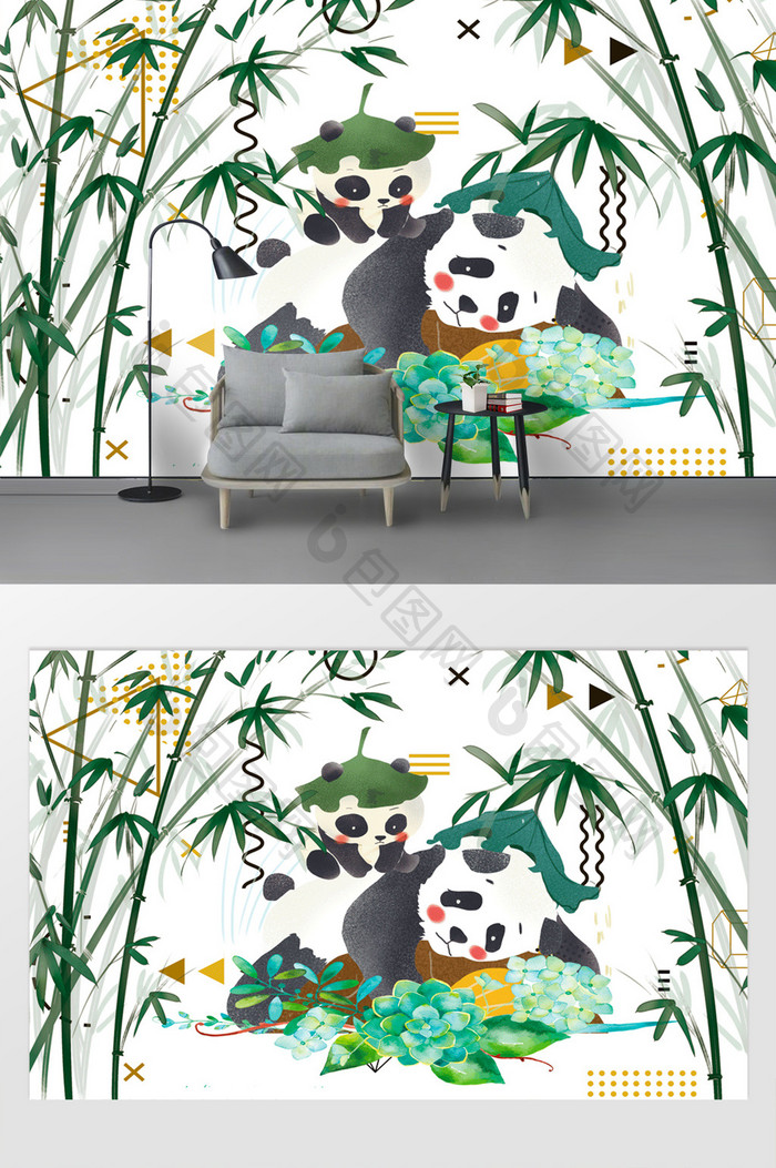 中式卡通儿童房熊猫竹林背景墙