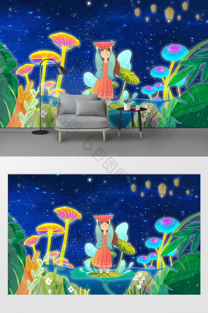 唯美蘑菇森林少女卡通儿童房背景墙图片图片