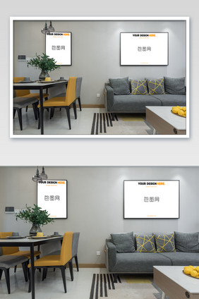 现代极简客厅黑框挂画墙画壁画海报样机