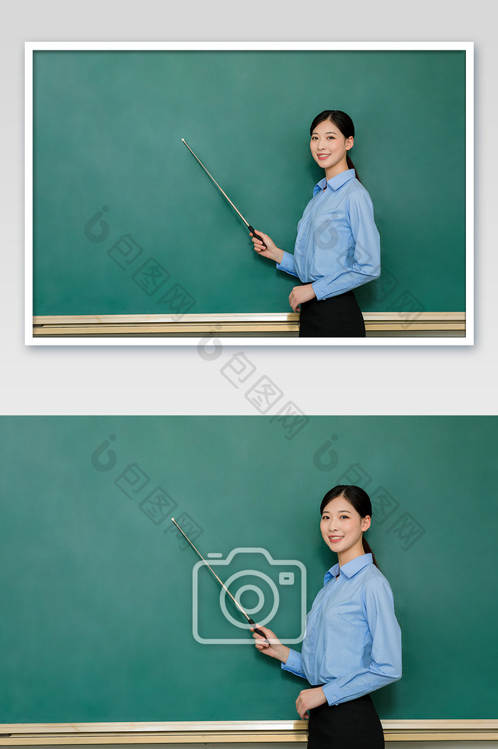 黑板前的女老师拿着教鞭