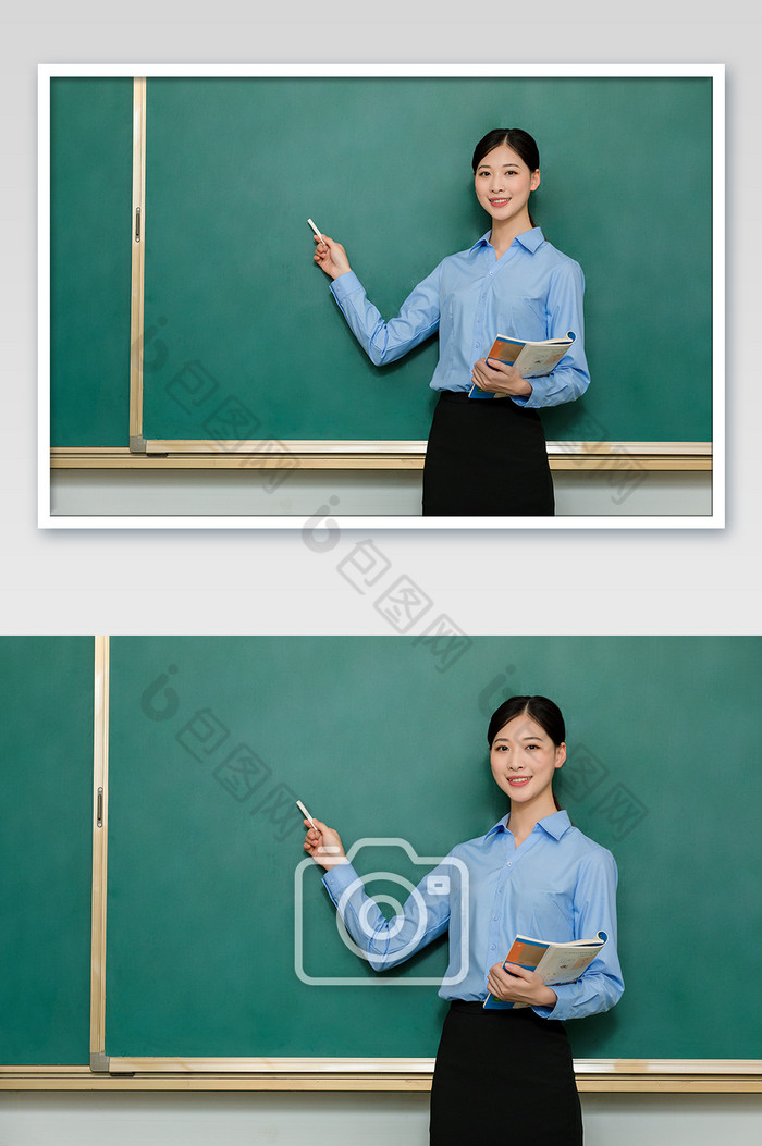 女老师拿着书本在黑板前讲课图片图片