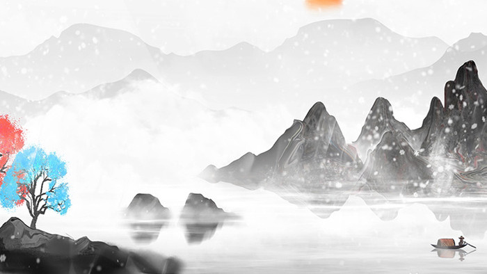 中国风水墨飘雪山水动画素材背景特效视频
