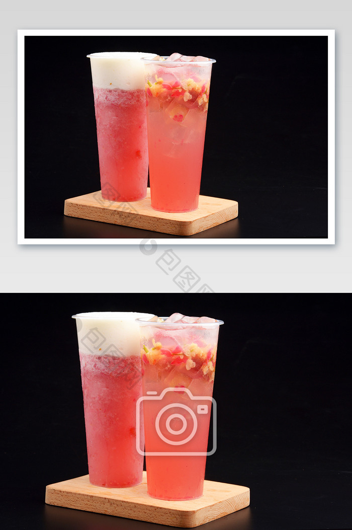 好吃的粉色荔枝奶盖水果茶摄影图