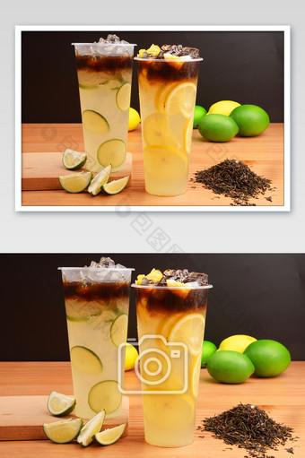 新鲜柠檬咖啡奶茶摄影图图片