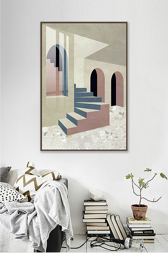 北欧莫兰迪色系抽象几何建筑客厅装饰画图片