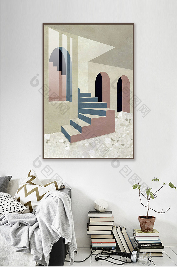 北欧莫兰迪色系抽象几何建筑客厅装饰画图片图片