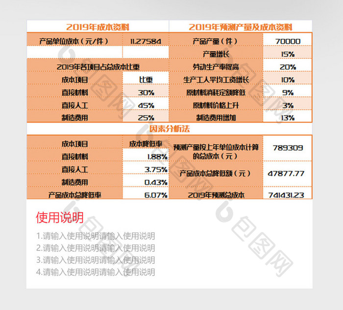 橙色成本预测表excel模板